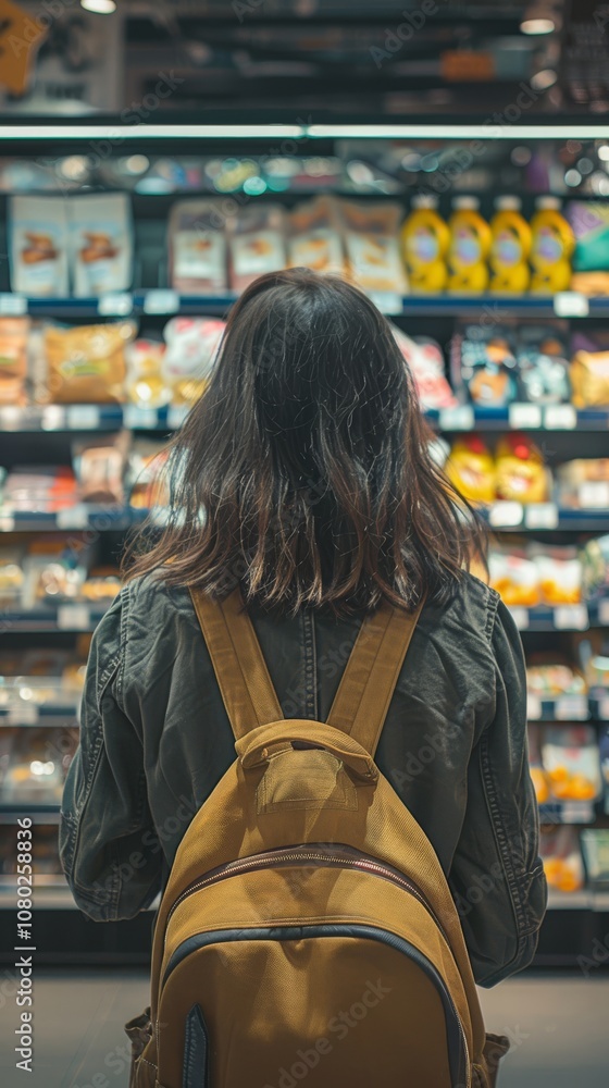 Fototapeta premium A woman is shopping in a store with a yellow backpack on her back