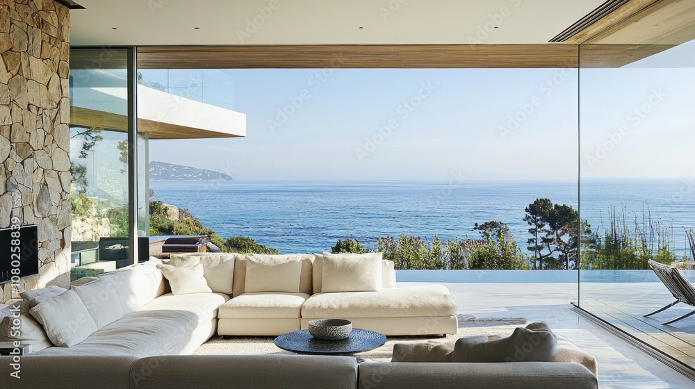 Fototapeta premium Modern coastal living room with panoramic ocean view in a contemporary home overlooking the sea during a sunny day