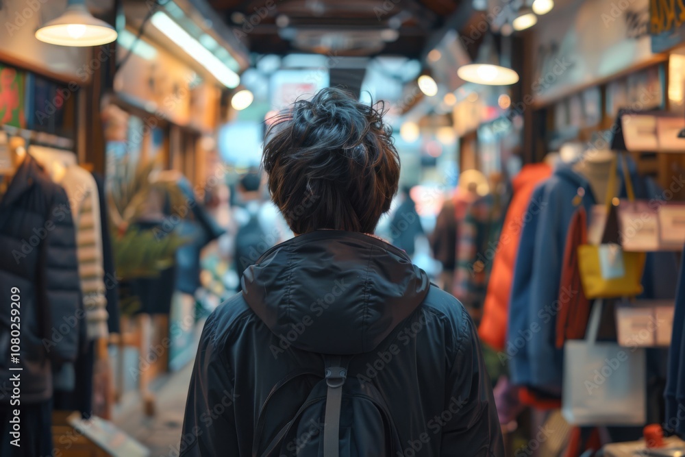 A man wearing a black jacket and backpack is walking through a store A man wearing a black jacket and backpack is walking through a store