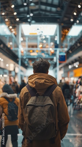 Young Man with Backpack Exploring a Modern Shopping Mall with Bright Lights and Busy Atmosphere