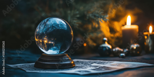 Magical crystal ball for predictions on the background of the fortune-teller table with spiritualistic items photo