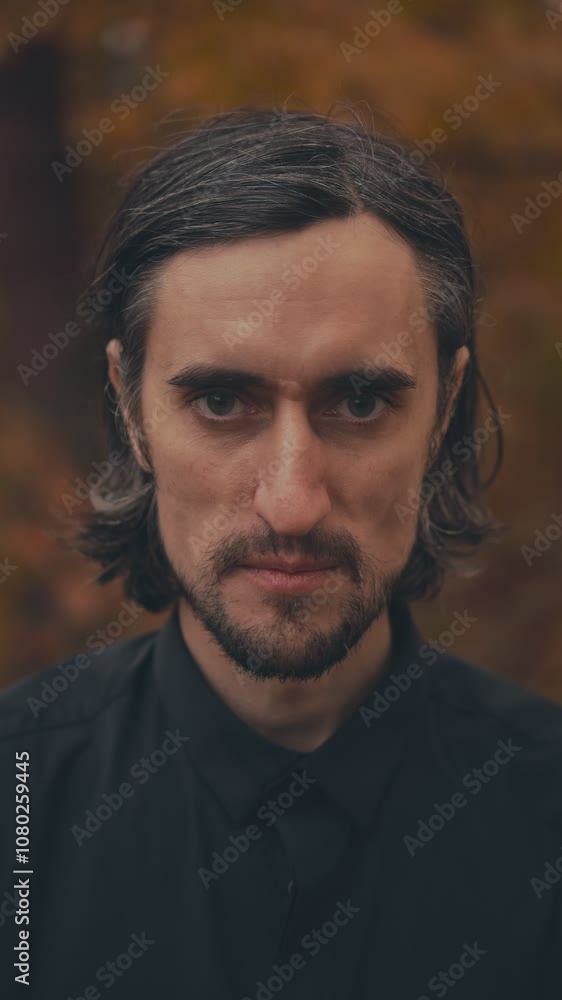 Playful Gaze – Young, attractive European man with long hair in a black shirt in autumn forest, close-up, looking directly at the camera, smiling, rolling his eyes wildly and amusingly Playful Gaze – Young, attractive European man with long hair in a black shirt in autumn forest, close-up, looking directly at the camera, smiling, rolling his eyes wildly and amusingly