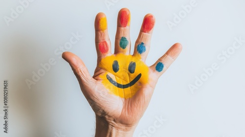 Colorful Hand with Smiley Face, Representing Creativity, Playfulness, and Cheerful Artistic Expression, Generative AI