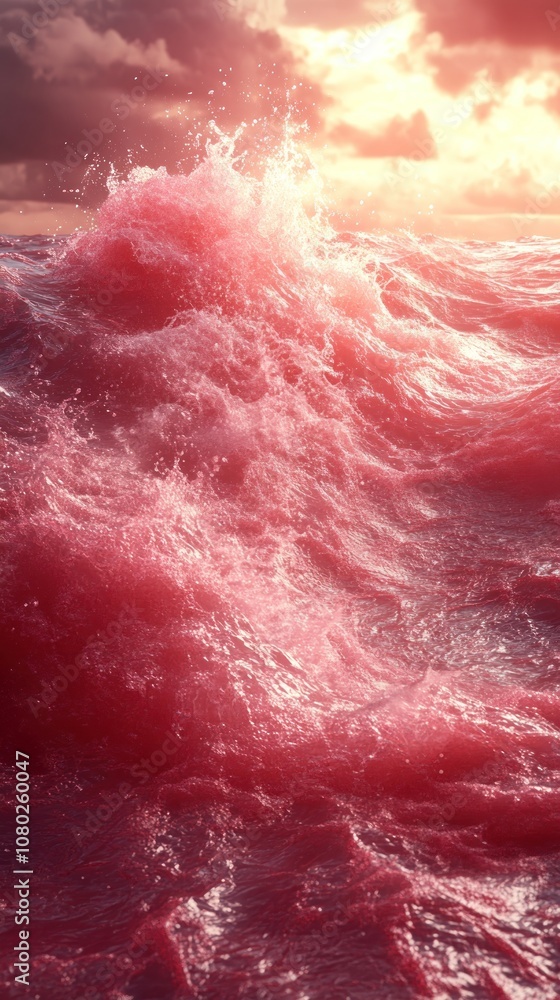 Fototapeta premium A vibrant, swirling ocean scene with pink-tinted waves at sunset.