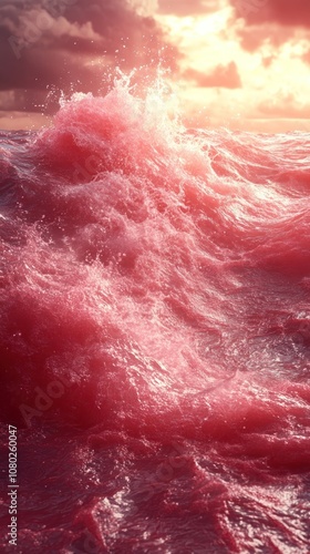 A vibrant, swirling ocean scene with pink-tinted waves at sunset. photo