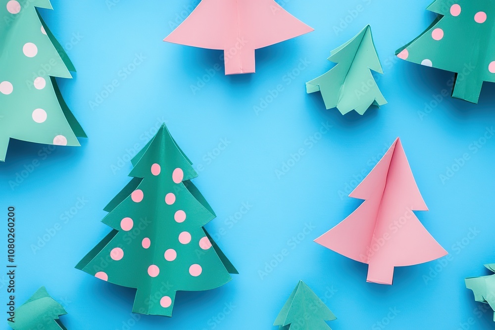 Obraz premium Simple Paper Christmas Tree Crafts for Kids: Pink and Green Color Palette, Colorful Paper Balls on Top of Each Tree