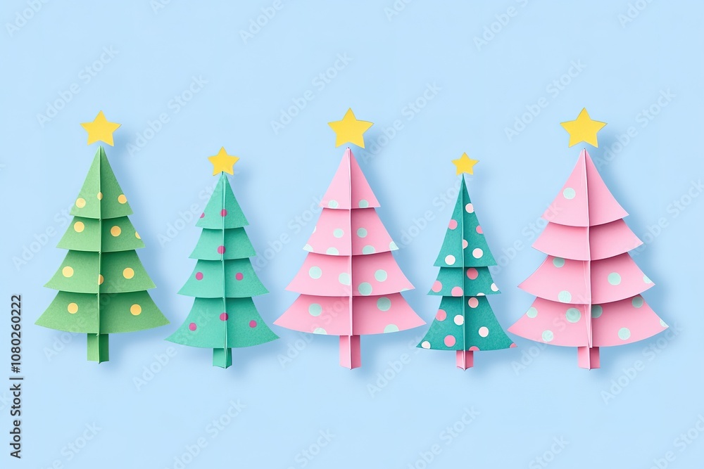Simple Paper Christmas Tree Crafts for Kids: Pink and Green Color Palette, Colorful Paper Balls on Top of Each Tree Simple Paper Christmas Tree Crafts for Kids: Pink and Green Color Palette, Colorful Paper Balls on Top of Each Tree