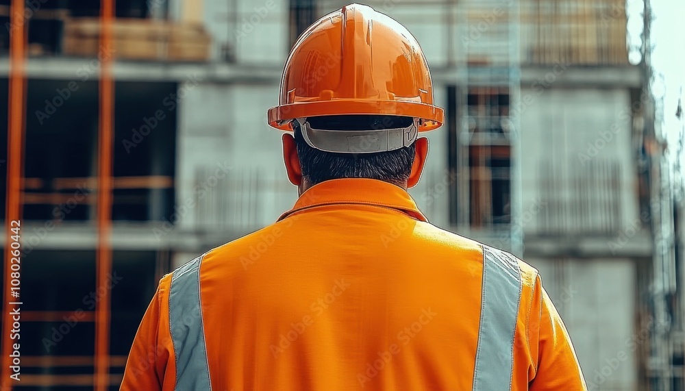Builder in orange gear at construction site Builder in orange gear at construction site