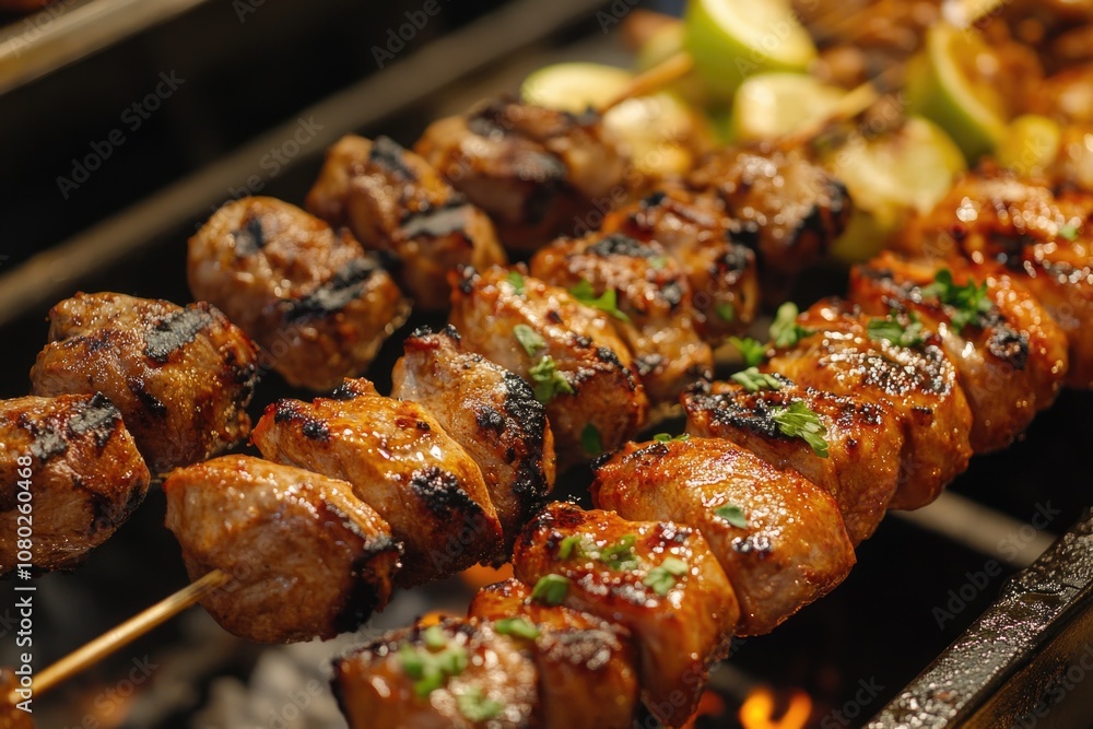 A close-up view of skewered meat on a grill, ready to be cooked A close-up view of skewered meat on a grill, ready to be cooked