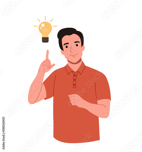 Young man finding new idea. Shiny light bulb. Flat style cartoon vector illustration.