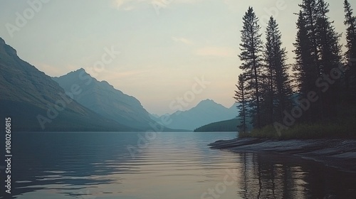 Fototapeta Naklejka Na Ścianę i Meble -  Row of pine trees along a peaceful lake with still water and a mountain backdrop under a soft sky with side empty space for text Stockphoto style