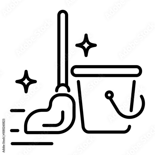 A linear icon of mopping stick and bucket