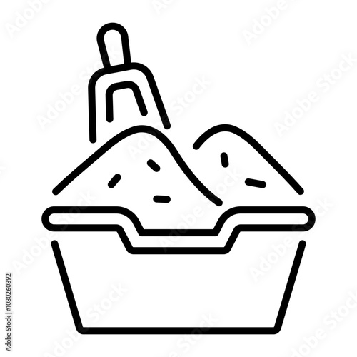 A linear icon of a litter box with a scoop