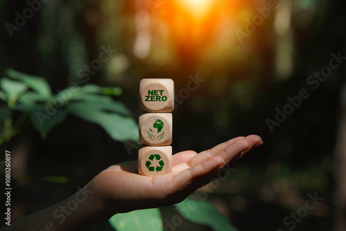 Slika na platnu energy renewable, net zero icon at wood box on hand  at green nature blur background