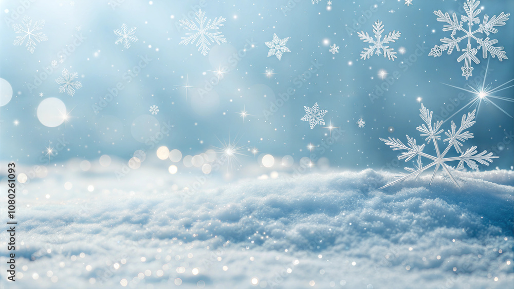 Snowy landscape with falling snowflakes and sparkling bokeh Snowy landscape with falling snowflakes and sparkling bokeh