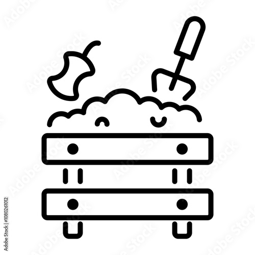 A linear icon of a composting bin with food scraps and a shovel