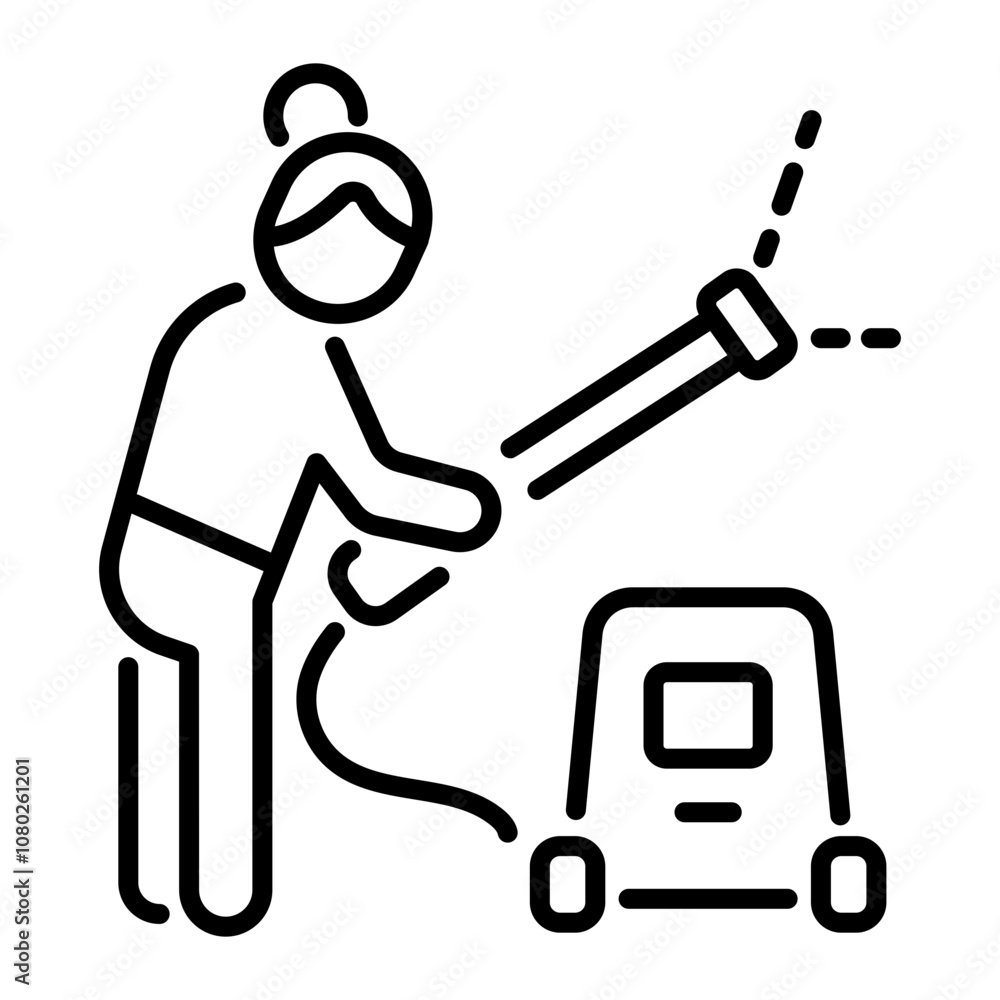 A linear icon of a person pressure washing a surface A linear icon of a person pressure washing a surface