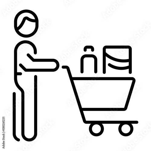 A linear icon of a person doing grocery shopping