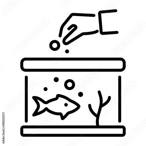 A linear icon of a person feeding fish in an aquarium 