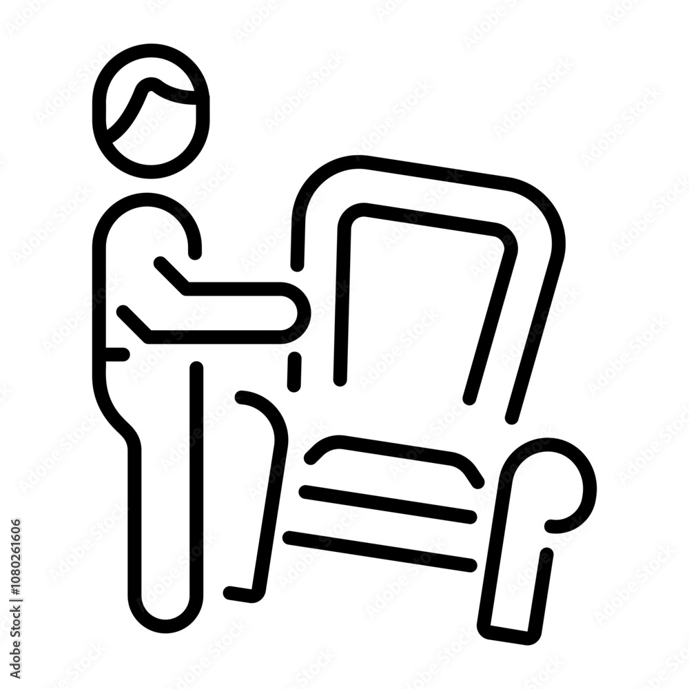 A linear icon of a person rearranging furniture in a room A linear icon of a person rearranging furniture in a room