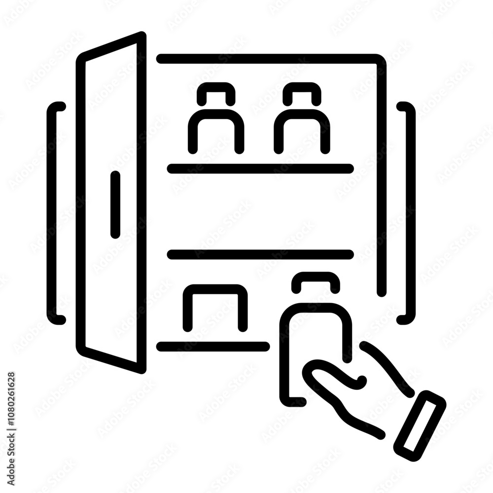 A linear icon of a bathroom cabinet with open doors and toiletries A linear icon of a bathroom cabinet with open doors and toiletries