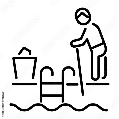 A linear icon of a person cleaning a pool with a pool skimmer