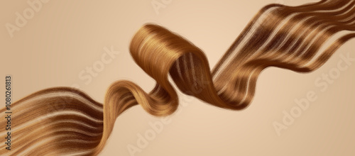 3d rendering. Silky healthy golden wavy hair strand isolated on beige background. Close-up of curly redhead hairpiece, hairy ribbon, chignon red hair extension clip art