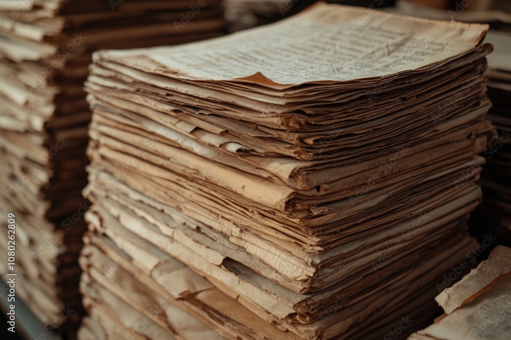 A stack of old papers sitting on a table, possibly containing documents or notes A stack of old papers sitting on a table, possibly containing documents or notes
