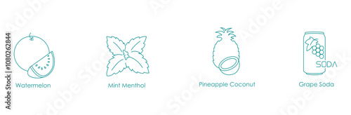 Watermelon, Mint Menthol, Pineapple Coconut, Grape Soda Vape Icon Set Illustration