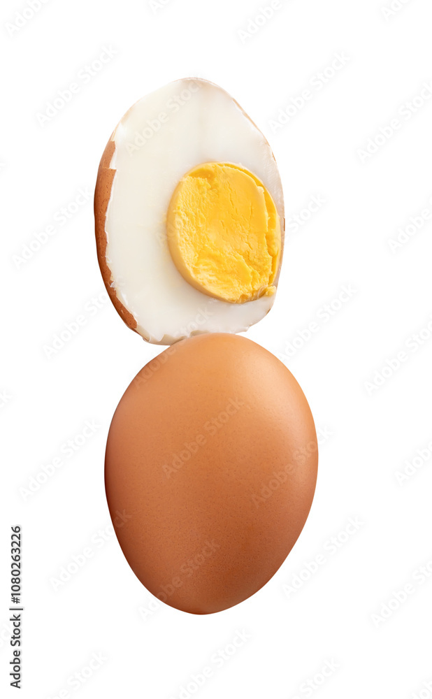 Top view of boiled or cooked brown chicken eggs with half and egg yolk in stack isolated on white background with clipping path Top view of boiled or cooked brown chicken eggs with half and egg yolk in stack isolated on white background with clipping path
