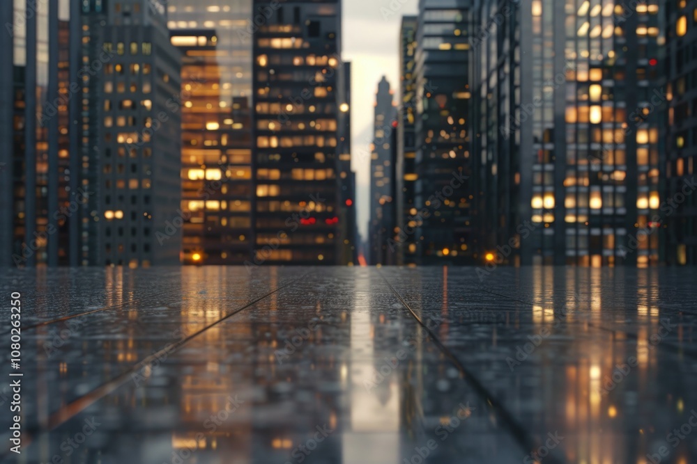 A view of city streets at night from the ground level, showing urban architecture and streetlights A view of city streets at night from the ground level, showing urban architecture and streetlights