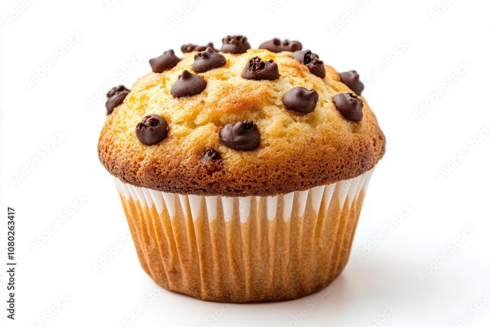 A delicious-looking muffin with melted chocolate chips on top, perfect for a breakfast or snack A delicious-looking muffin with melted chocolate chips on top, perfect for a breakfast or snack