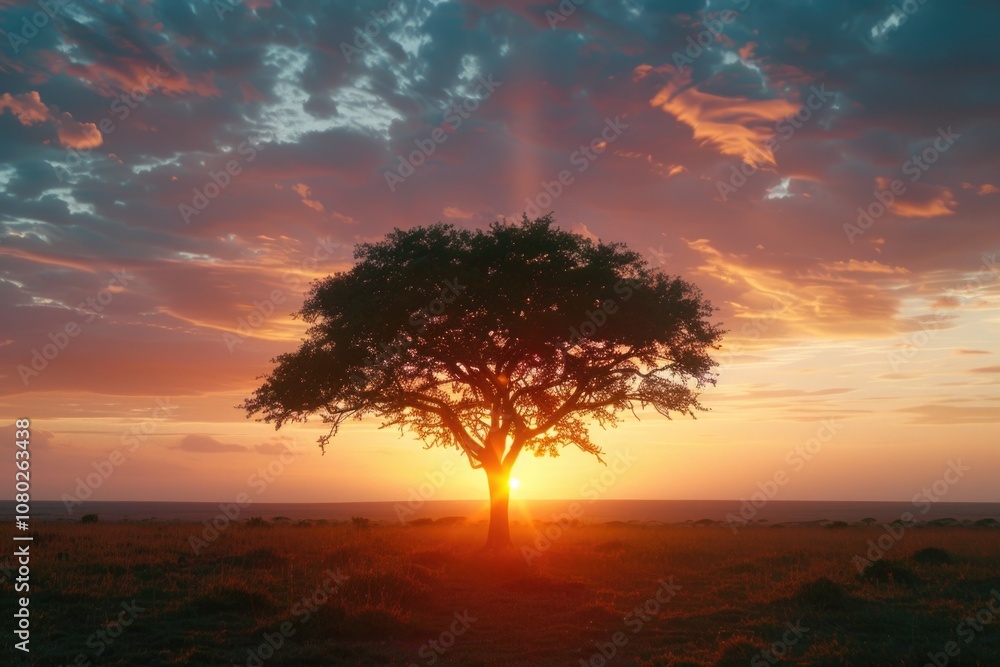A solitary tree stands out against the vibrant colors of sunset A solitary tree stands out against the vibrant colors of sunset
