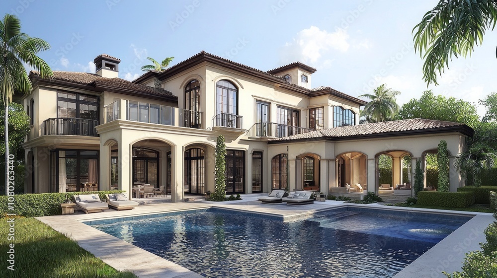 Fototapeta premium Luxury villa in a tropical setting featuring a spacious pool and elegant architecture on a sunny day