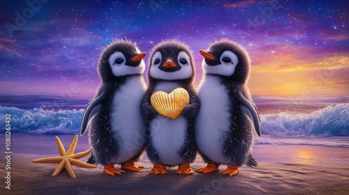 three chubby baby penguins standing close togethe orange feet, and small beaks. They hold a love and friendship, while a starfish filled with purple and blue hues