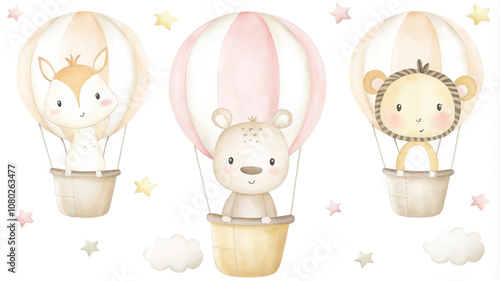 Cute cartoon animals in hot air balloons. Watercolor illustration.