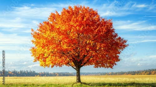 A solitary tree with vivid orange leaves stands in a vast golden field under a bright blue sky, embodying the essence of autumn's beauty.