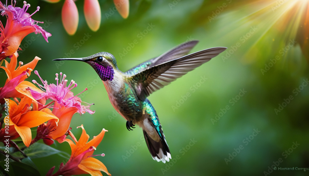 Naklejka premium Captivating Moments of Nature: Vibrant Hummingbirds Feeding on Tropical Flowers - A Celebration of Color, Beauty, and the Intricacies of Wildlife in a Lush Garden Setting