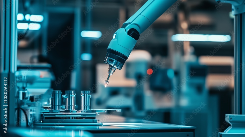 Robotic arm dispensing liquid in a laboratory during advanced research at a technology facility in the evening Robotic arm dispensing liquid in a laboratory during advanced research at a technology facility in the evening