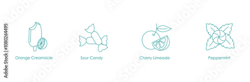 Orange Creamsicle, Sour Candy, Cherry Limeade, Peppermint Vape Icon Set Illustration