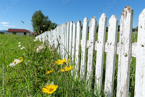 A picturesque scene featuring white picket fence surrounded by vibrant wildflowers under clear blue sky. lush green grass adds to serene atmosphere, evoking sense of tranquility and beauty photo