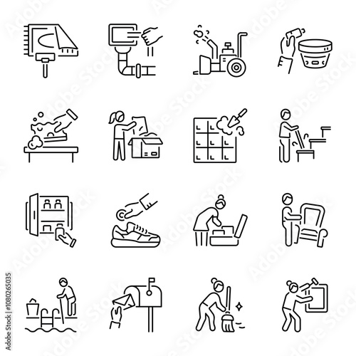 Set of Daily Household Activities Linear Icons 

