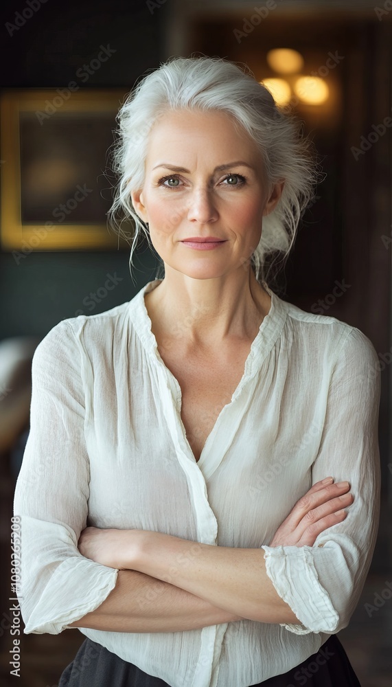 Portrait of a Confident Senior Woman with Folded Arms, Gray Hair, Natural Beauty, and a White Shirt Portrait of a Confident Senior Woman with Folded Arms, Gray Hair, Natural Beauty, and a White Shirt