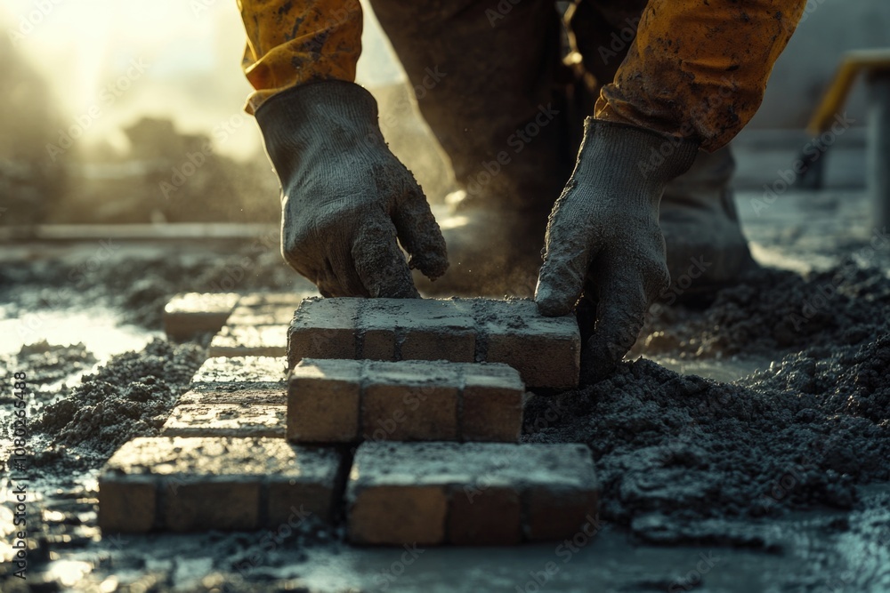 A construction worker stacking bricks in a pile A construction worker stacking bricks in a pile