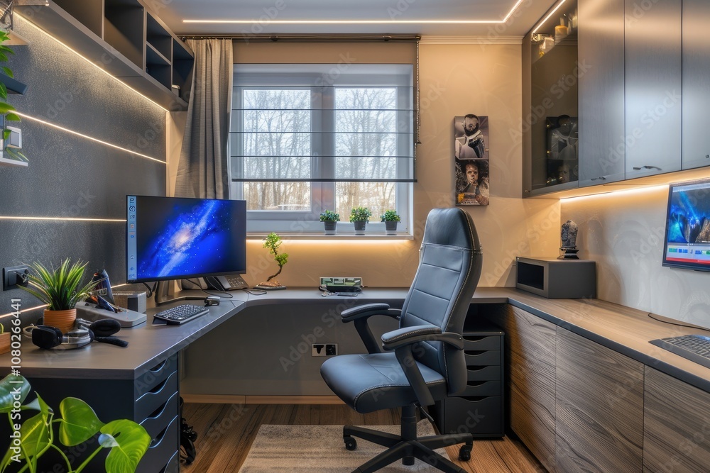 Modern Home Office with L-Shaped Desk and Comfortable Chair Modern Home Office with L-Shaped Desk and Comfortable Chair
