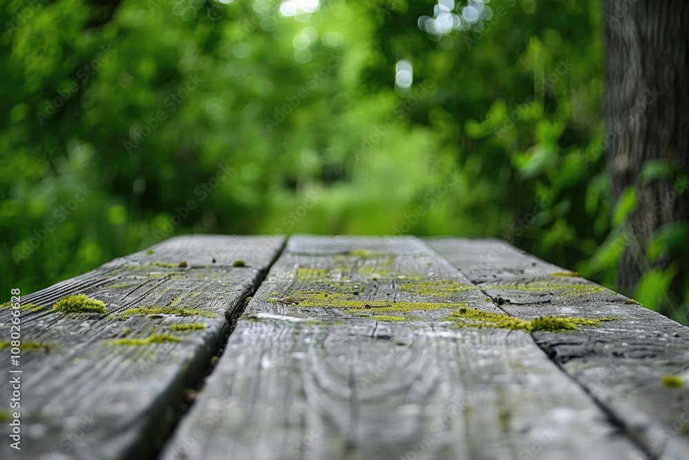 Fototapeta premium A wooden table with lush green moss growing on its surface, ideal for nature-inspired designs