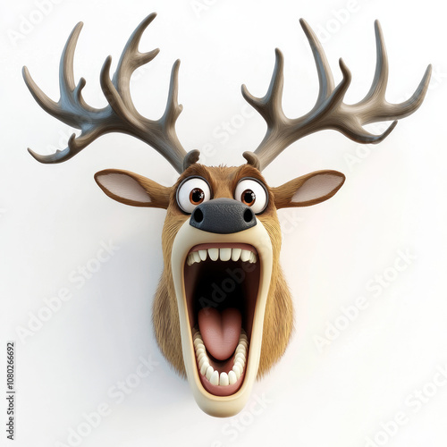 3D funny cartoon scared, loudly screaming moose close-up, isolated, on a white background. Funny print for T-shirts. Ironic character for a logo, funny illustration for advertising. photo