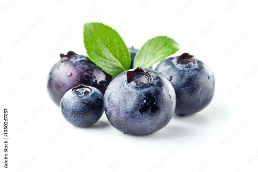 Fresh blueberries with green leaves on a white background Fresh blueberries with green leaves on a white background