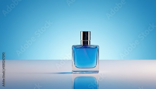 A close-up of an elegant blue perfume bottle on textured blue sand. sleek design and dreamy teal bokeh create an alluring atmosphere, perfect for beauty and lifestyle themes. 2