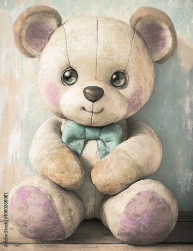 Vintage-style teddy bear on wooden background	 photo